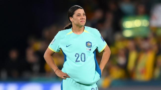 BRISBANE, AUSTRALIA - AUGUST 19: Sam Kerr of Australia shows dejection after the teamÃ¢â¬â¢s defeat following the FIFA Women's World Cup Australia & New Zealand 2023 Third Place Match match between Sweden and Australia at Brisbane Stadium on August 19, 2023 in Brisbane, Australia. (Photo by Justin Setterfield/Getty Images)