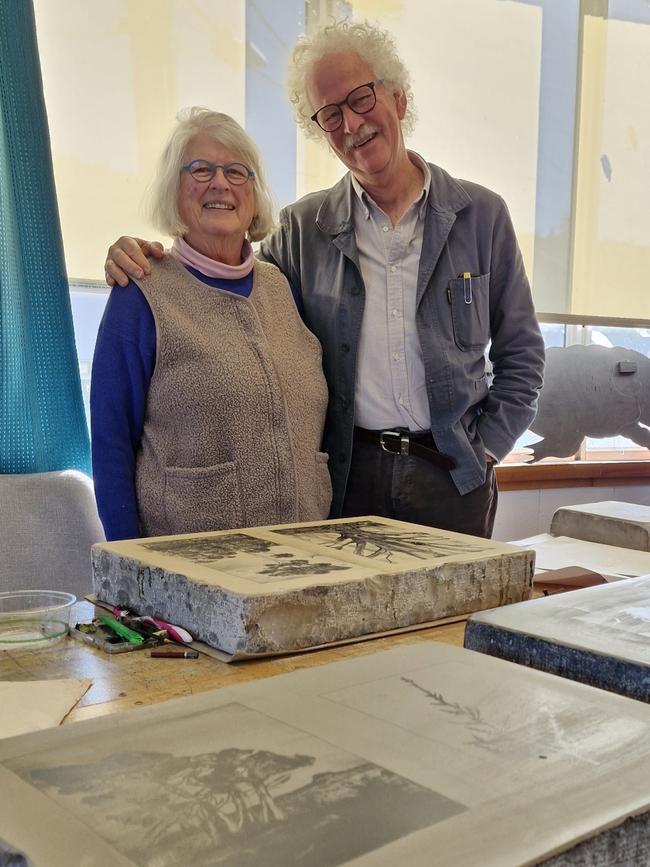 Tasmanian artist Kaye Green with author Andrew Darby. Green created artwork for Darby's new book, The Ancients. Picture: Supplied