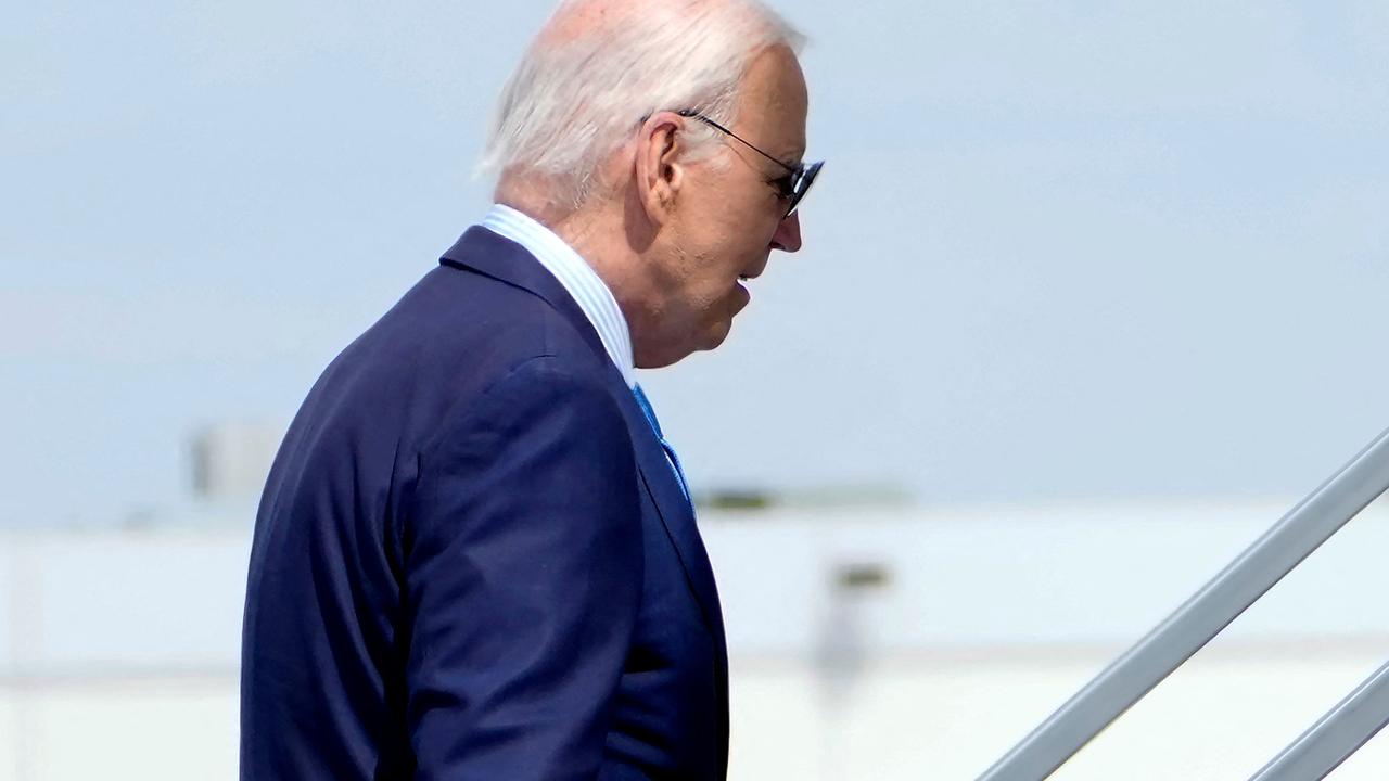 Mr Biden, having tested positive for Covid, boards Air Force One in Las Vegas. Picture: Kent Nishimura/AFP