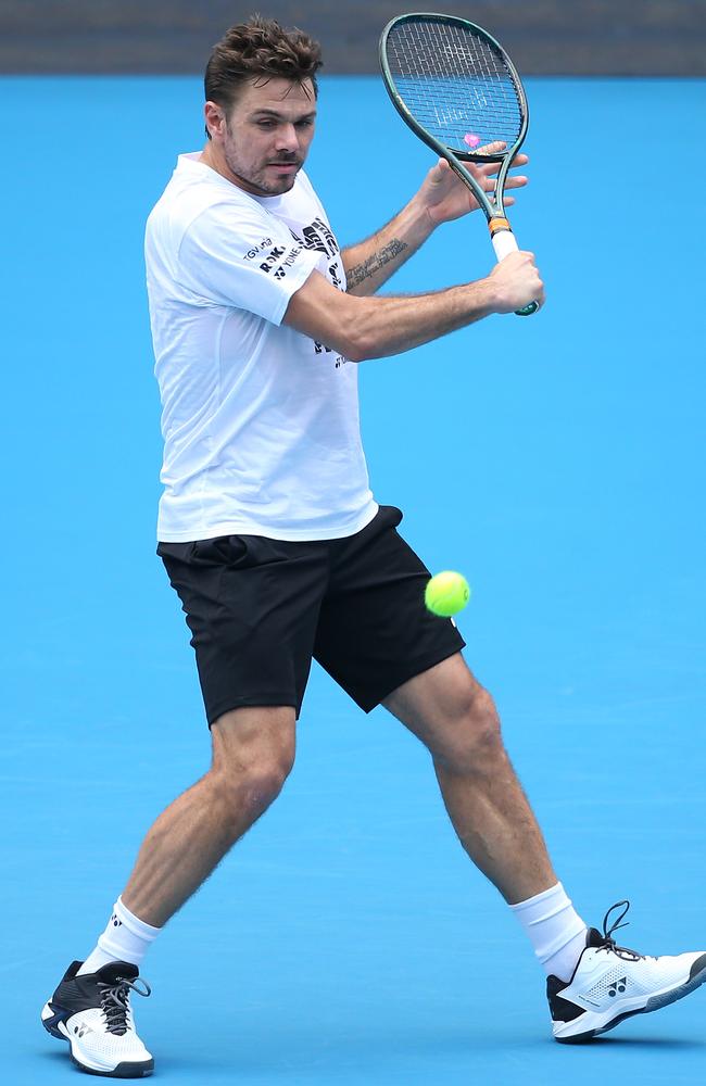 Stan Wawrinka practices ahead of the 2020 Australian Open at Melbourne Par. Picture: Mike Owen/Getty Images