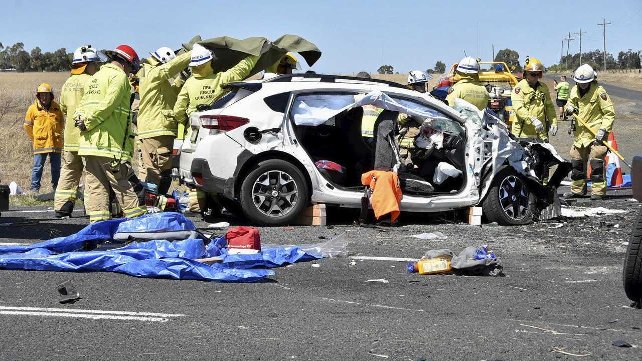 Fatal crash, involving a truck and two cars on Warrego Highway at the intersection Brimblecombe Road. September 2018. Picture: Bev Lacey