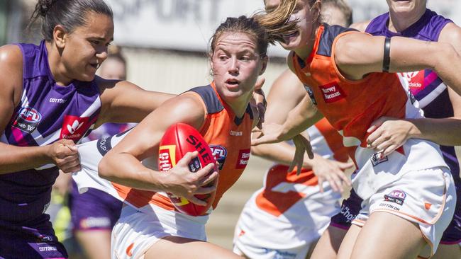 Greater Western Sydney’s Nicola Barr tries to break away from a tackle. Picture: AAP