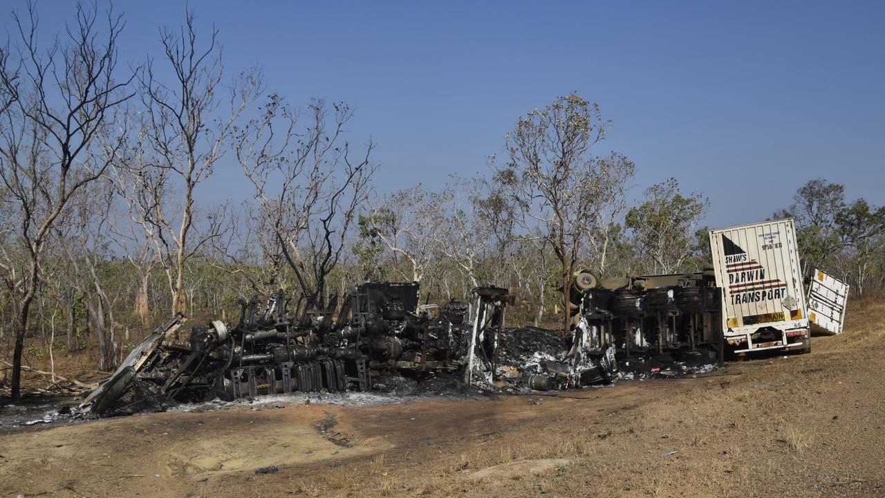 NT Police responded to a horror multiple fatality crash between a road train and four-wheel drive on the Stuart Highway, 12km south of Pine Creek on Friday September 29. Picture: Sierra Haigh