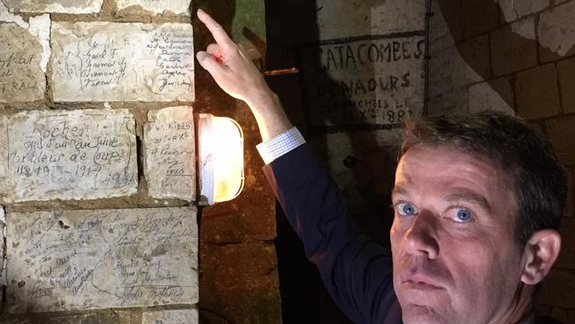 NAOURS, FRANCE 24 APRIL 2017  ..  Veterans' Affairs Minister Dan Tehan visits the newly-discovered caves at Naours, in northern France, where the names of Australian WW1 soldiers were found scrawled in underground caverns. Picture: Supplied