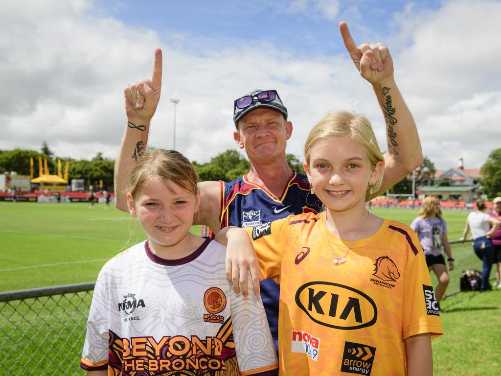 Michael Terelinck with Abbigayle Gibson (left) and Mia Terelinck at the Brisbane Broncos Captain's Run and Toowoomba Fan Day at Toowoomba Sports Ground, Saturday, February 15, 2025. Picture: Kevin Farmer