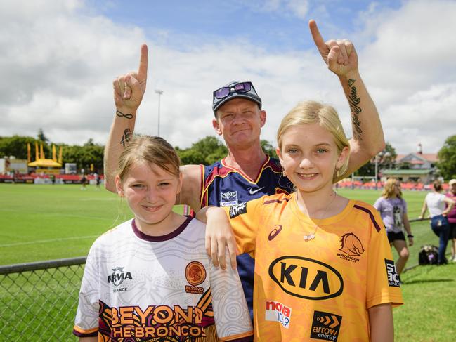 Michael Terelinck with Abbigayle Gibson (left) and Mia Terelinck at the Brisbane Broncos Captain's Run and Toowoomba Fan Day at Toowoomba Sports Ground, Saturday, February 15, 2025. Picture: Kevin Farmer