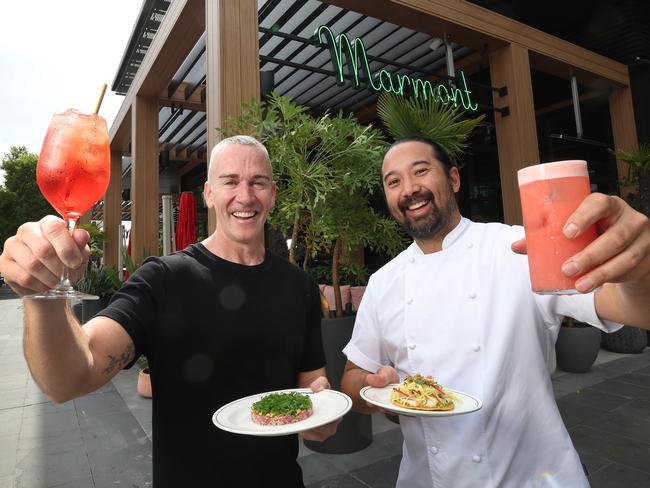 DJ Grant Smillie debuts new bar Marmont at Crown Melbourne. Grant, pictured with head chef Mark Tagnipez, with some dishes and drinks on offer overlooking the riverwalk/promenade.                                                             Picture: David Caird