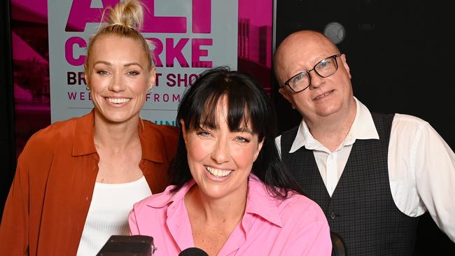 Mix 102.3 breakfast team Ali Clarke (centre), with Erin Phillips and Eddie Bannon in North Adelaide. Picture: Naomi Jellicoe