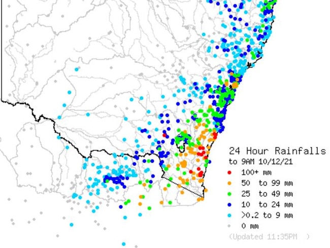 Some areas on the state's south coast recorded more than 100mm of rain over the past 24 hours. Picture: Bureau of Meteorology