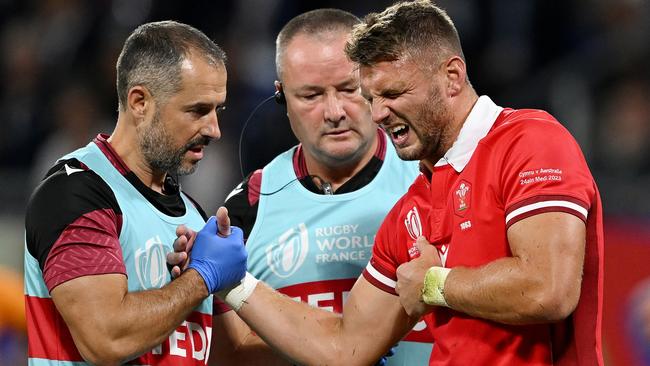 Wales flyhalf Dan Biggar receives medical treatment for a shoulder injury. Picture: Getty Images