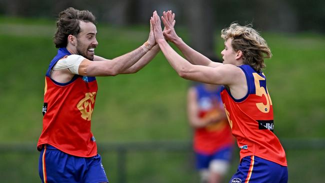 Fitzroy in celebration during the VAFA football match between Fitzroy and Old Haileybury in Fitzroy North, Saturday, Aug. 13, 2022. Picture: Andy Brownbill