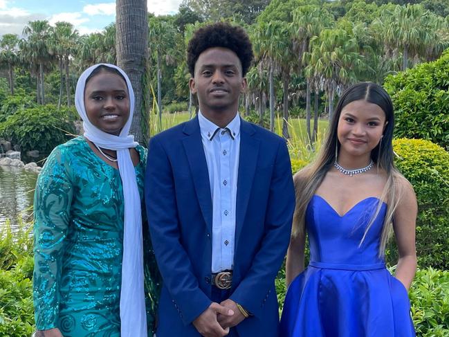 Asha Ibrahim, Abdel Ibrahim, Khawlam Thang at the Orara High School Year 12 formal in 2022. Picture: Matt Gazy