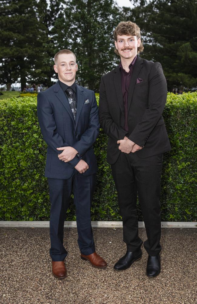 Nate de Nooyer (left) and Bailey Sykes at Centenary Heights State High School formal at Picnic Point, Friday, November 15, 2024. Picture: Kevin Farmer