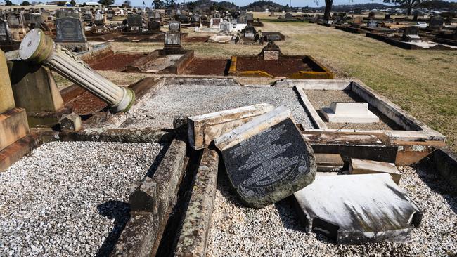 Vandals have damaged or destroyed more than 300 graves at Toowoomba's Drayton Cemetery, Sunday, August 11, 2024. Picture: Kevin Farmer