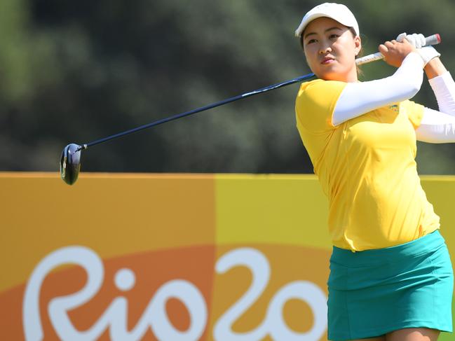 Australia's Minjee Lee competes in the Women's individual stroke play at the Olympic Golf course during the Rio 2016 Olympic Games in Rio de Janeiro on August 17, 2016. / AFP PHOTO / Jim WATSON
