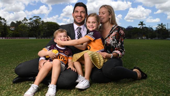 Matt Gillett, his wife Skye and children Harper, 5 (right), and Hunter, 3. Picture: AAP Image/Dan Peled