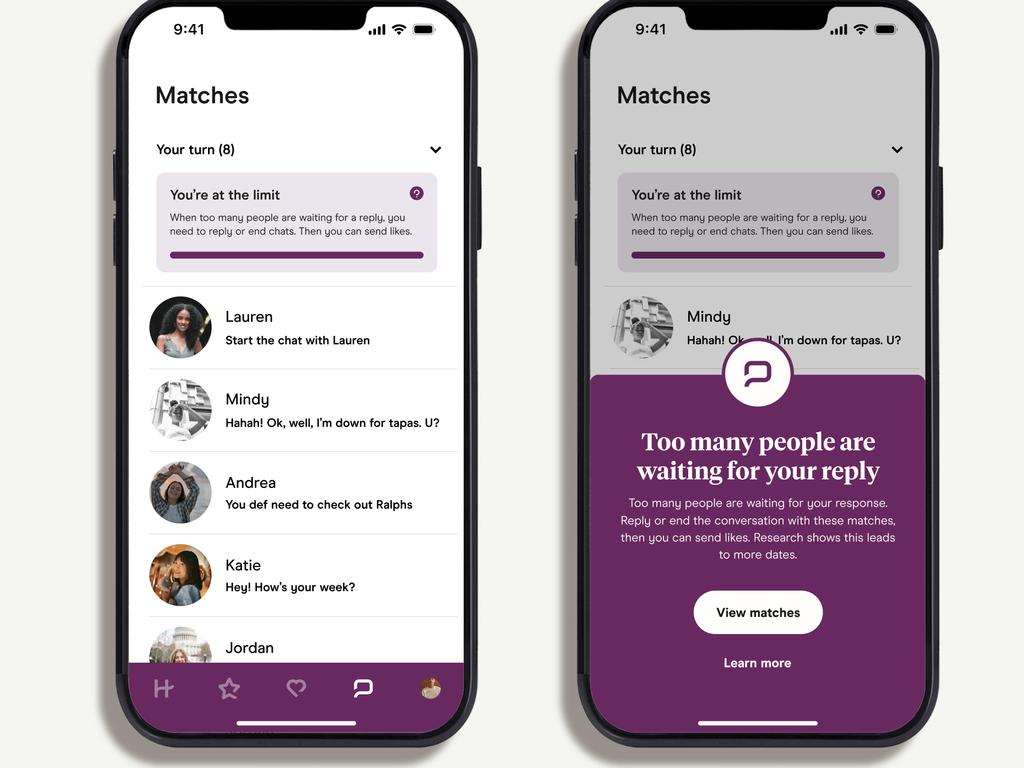 Dating app Hinge has created a feature limiting how many people you can match with if you have more than eight unanswered messages. Picture: Supplied