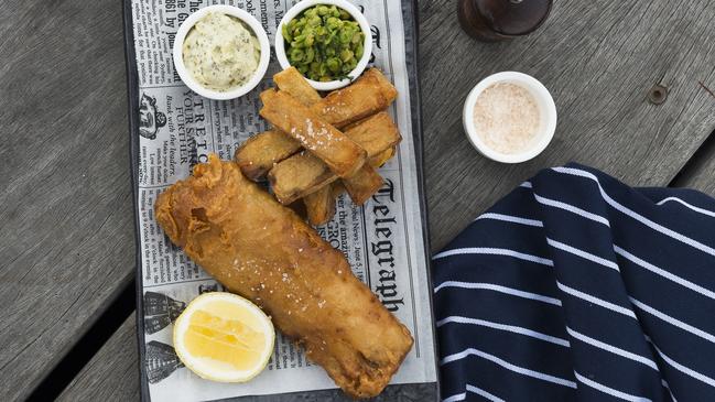 The Baths Middle Brighton: Beer-battered fish and chips with tartare sauce and crushed peas Picture: Carmen Zammit