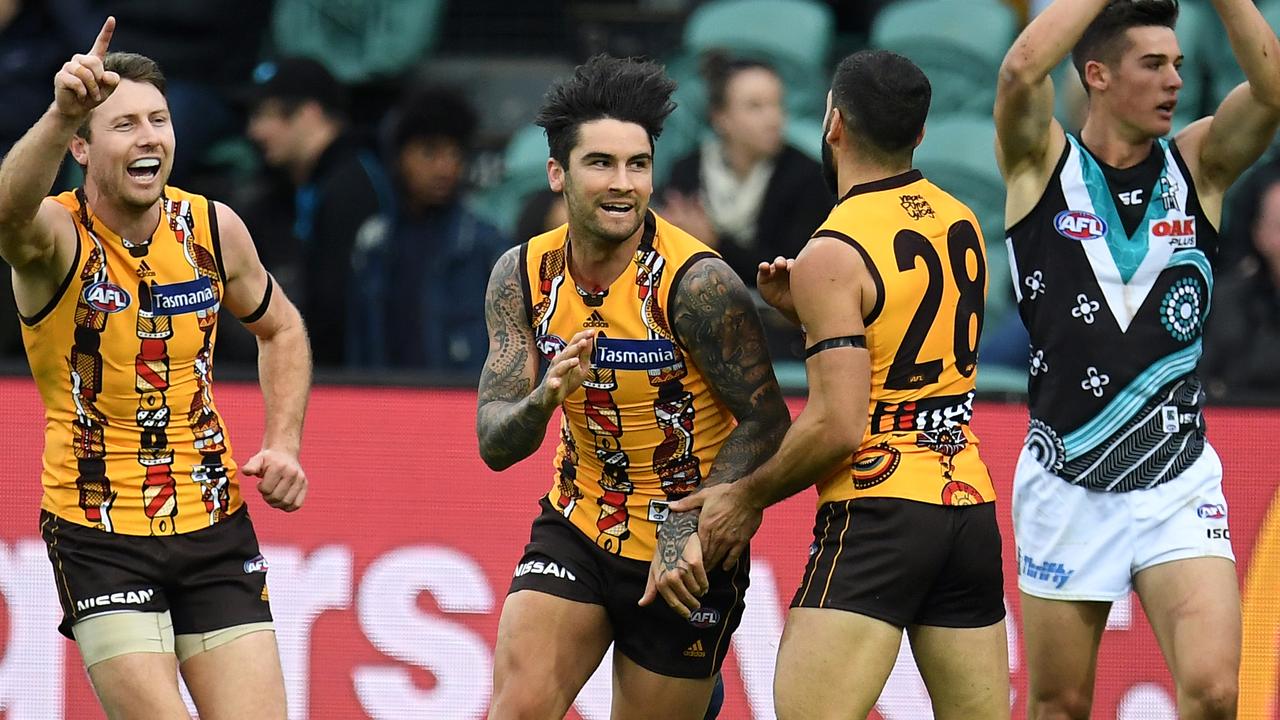 Wingard celebrates a goal against his former club. Picture: AAP