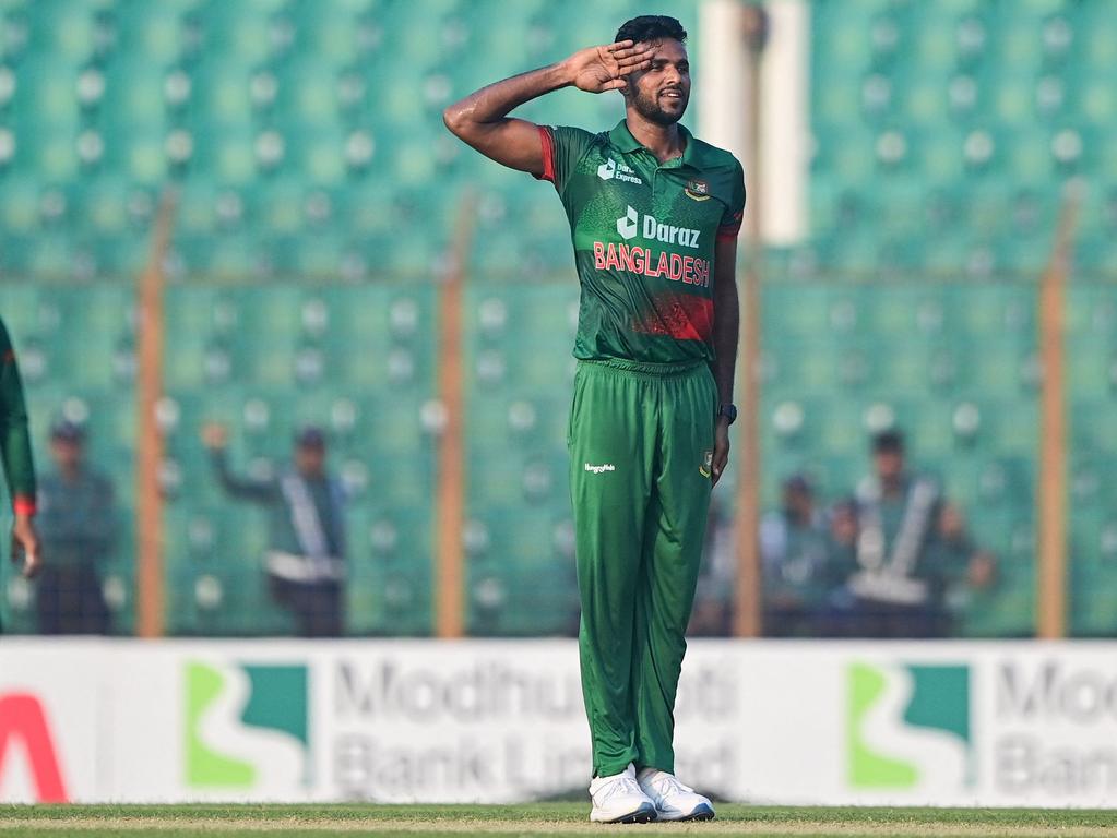 Bangladesh's Ebadot Hossain celebrates after the dismissal of England's Dawid Malan. Picture: Munir uz Zaman