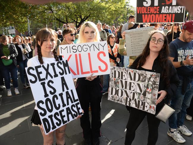 Thousands gather at the State Library for the national rally against gender based violence. Picture: Andrew Henshaw