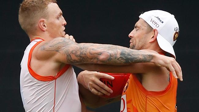 There was some spite between Luke Hodge and Mitch Robinson at Lions training. Picture: Getty Images