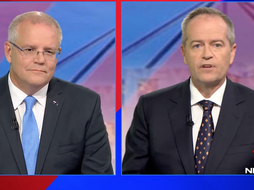 Bill Shorten was hauled up for speaking into the camera instead of facing Scott Morrison at the Seven West Media Studio in Perth. Picture: 7 NEWS