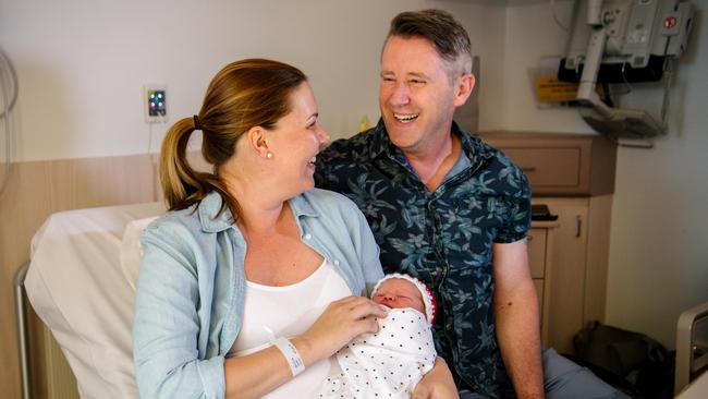 Agi Magyar, Daneil Harris and their son Bowie Daniel Harris who was born at 6.20am at the Women's &amp; Children's Hospital. Picture: AAP / Morgan Sette