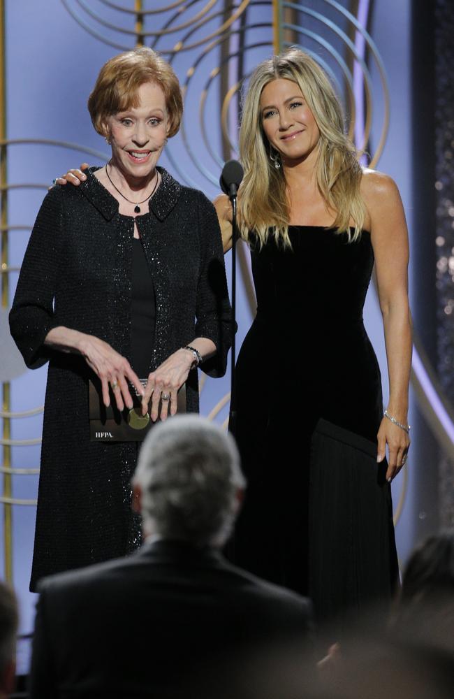 Carol Burnett, left, and Jennifer Aniston at the 75th Annual Golden Globe Awards in Beverly Hills. Picture: AP