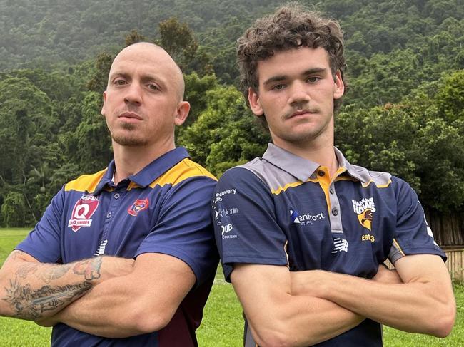 Pictured: Lions winger Brandon Lovell and Hawks forward Lachlan Lovell (l-r). Cairns City Lions v Manunda Hawks. AFL Cairns 2024. Contributed by Brandon Lovell.