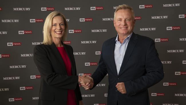 Tasmanian Labor Leader Rebecca White and Premier Jeremy Rockliff before the Sky News/ The Mercury People's Forum at the Town Hall, Hobart. Picture: Chris Kidd