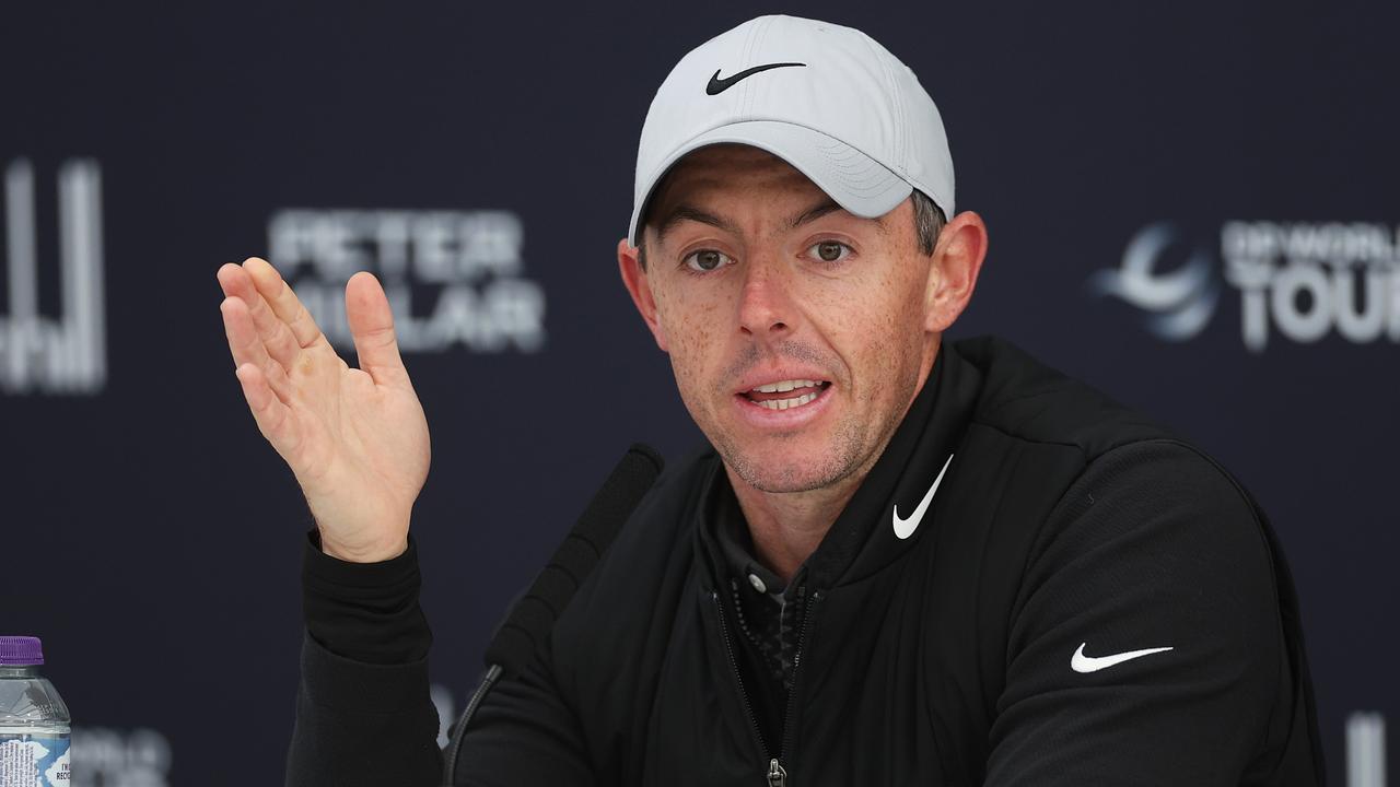 ST ANDREWS, SCOTLAND - SEPTEMBER 28: Rory McIlroy of Northern Ireland speaks in a press conference during a practice round prior to the Alfred Dunhill Links Championship on the Old Course St. Andrews on September 28, 2022 in St Andrews, Scotland. (Photo by Oisin Keniry/Getty Images)