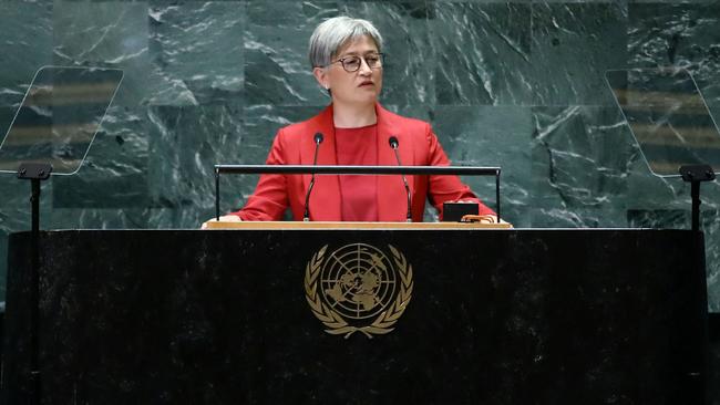 Penny Wong addresses the UN last month. Picture: AFP