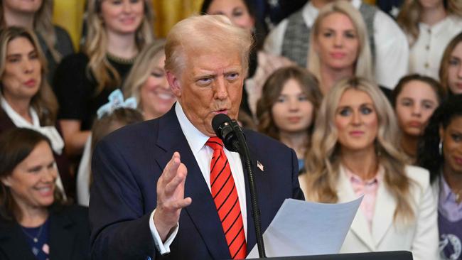 US President Donald Trump speaks before signing the No Men in Women's Sports Executive Order into law. (Photo by ANDREW CABALLERO-REYNOLDS / AFP)