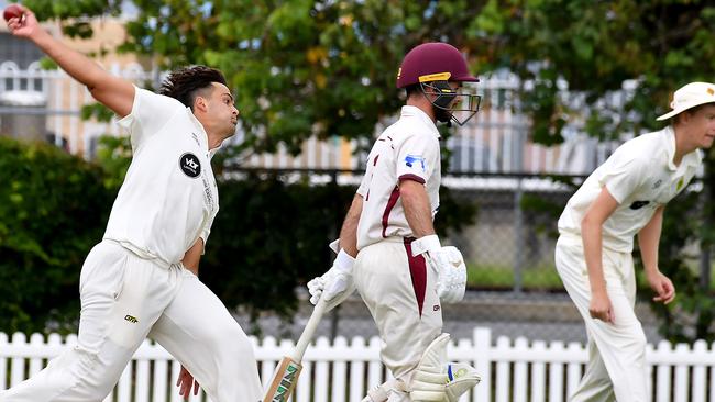 Wests bowler Blake Edwards Cricket action between Toombul and Wests. Saturday December 17, 2022. Picture: John Gass