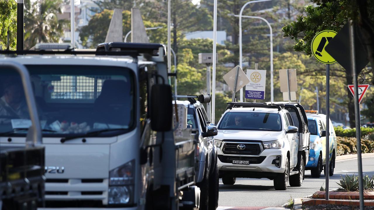 Traffic at the Queensland border in Griffith St, Coolangatta. Picture: Nigel Hallett