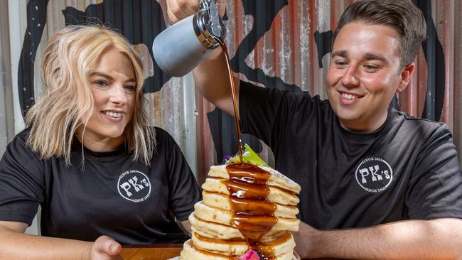 Mitchell Sariovski and partner Lauren Bent at their recently purchased, Pancake Kitchen in Adelaide CBD. Pictured on Jan 31st 2025. Picture: Ben Clark