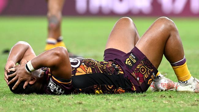 BRISBANE, AUSTRALIA - MAY 27: Tevita Pangai Junior of the Broncos looks dejected after his team loses the round 12 NRL match between the Brisbane Broncos and the Melbourne Storm at Suncorp Stadium, on May 27, 2021, in Brisbane, Australia. (Photo by Bradley Kanaris/Getty Images)