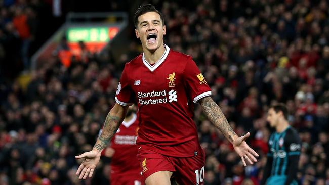 LIVERPOOL, ENGLAND - NOVEMBER 18:  Philippe Coutinho of Liverpool celebrates scoring his side's third goal during the Premier League match between Liverpool and Southampton at Anfield on November 18, 2017 in Liverpool, England.  (Photo by Jan Kruger/Getty Images)