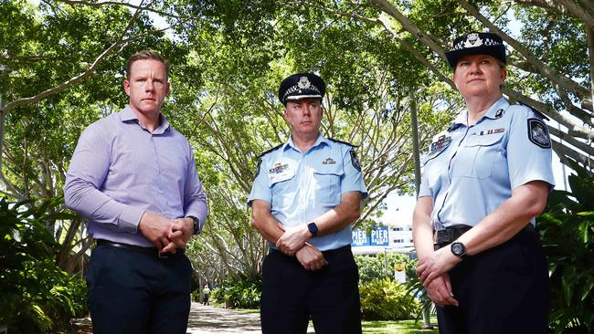 Senior Executive Director from the Department of Children, Youth Justice and Multicultural Affairs Michael Drane, Actiing Chief Superintendent Chris Hodgman and Youth Justice Taskforce Assistant Commissioner Cheryl Scanlon on the Cairns Esplanade. Picture: Brendan Radke