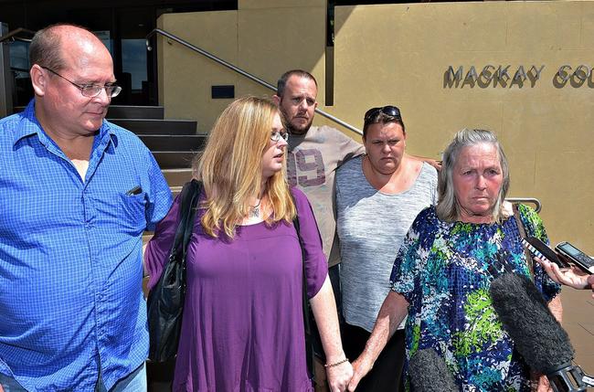 Back: Stuart Miller and Sheree Hardimon (Natasha's best friend) Front: Paul Shore (Natasha's father), Barbie Stott (aunty), Rachel McCarthy (grandmother) Natasha McCarthy's family and friends outside Mackay Court house just after her killer is sentenced to life in prison. . Picture: Peter  Holt