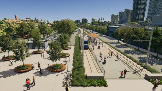 Artist impression of Gold Coast Light Rail Stage 4 between Tugun and Coolangatta, including Gold Coast Airport and the NSW border. Picture: Department of Transport and Main Roads.