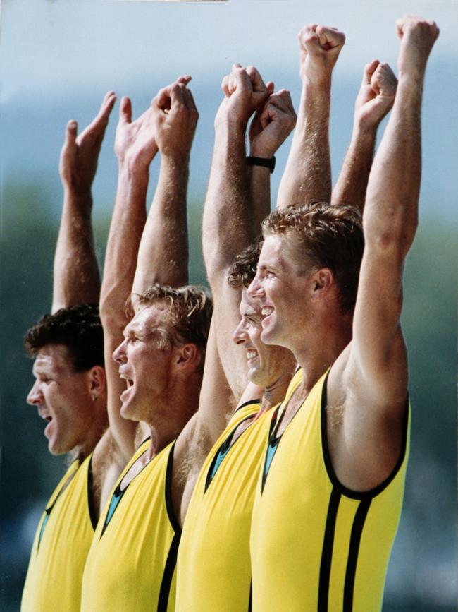 Rowers (L-R) Andrew Cooper, Michael (Mike) McKay, Nicholas (Nick) Green and James Tomkins, known as the Oarsome Foursome, after winning the gold medal in final of coxless fours at 1992 Olympic Games in Barcelona. Pic Leigh Winburn.