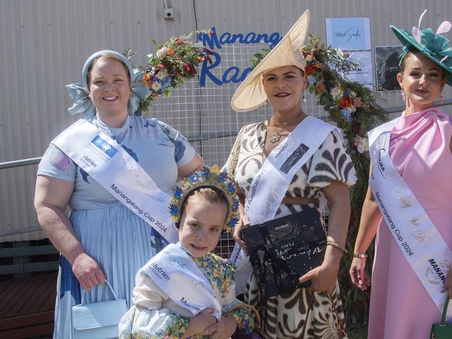 Fashions on the field winners at the 2024 Manangatang Cup Edwina Dalco - Most fashionable, Simone Penglase - Lady of the Day, Louy Drysdale - Millinery Award, Tawny Belle Drysdale - Junior Lady of the Day. Picture: Noel Fisher