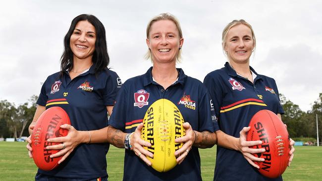 Noosa Tigers female players Courtney Dial, Dani Bishop-Kinlyside and Eliza Trompf. Picture: Patrick Woods.