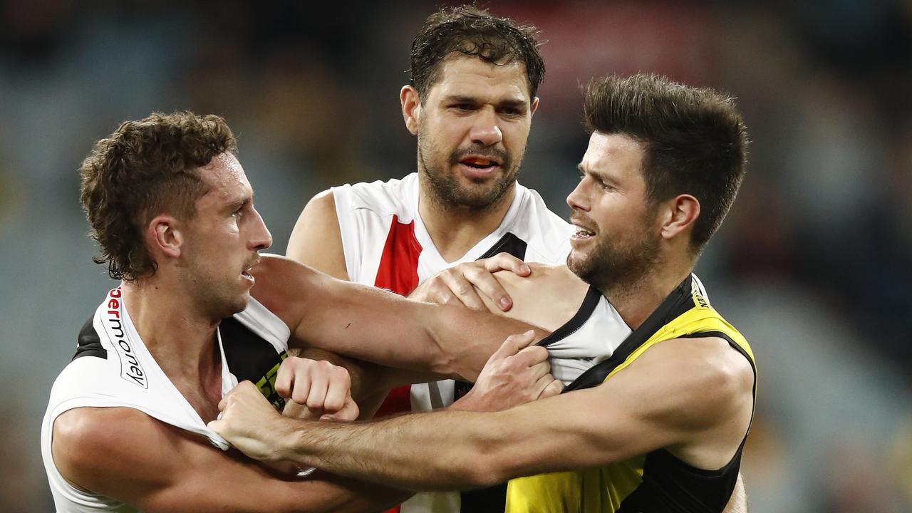 Trent Cotchin got frustrated during Richmond’s awful loss to St Kilda. (Photo by Darrian Traynor/Getty Images)