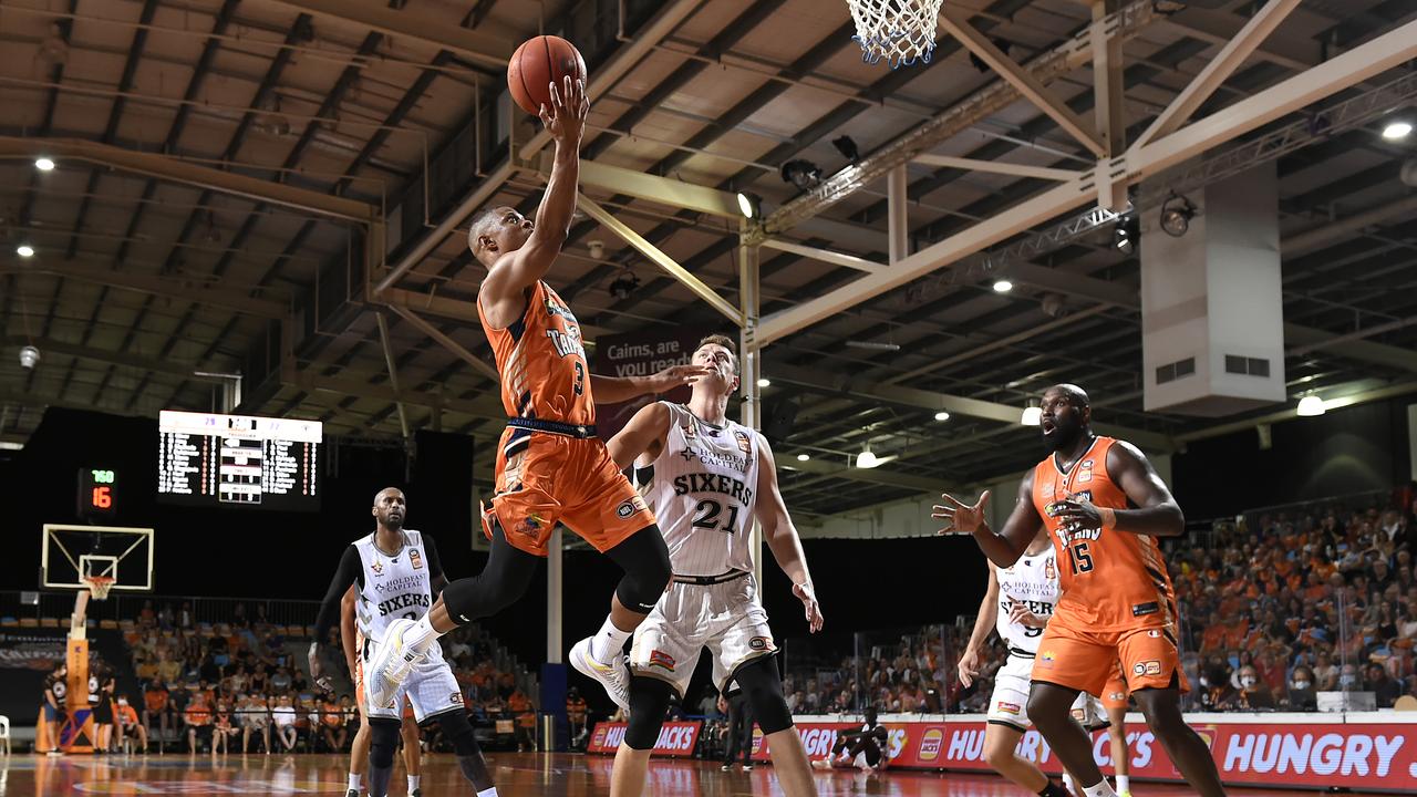 CAIRNS, AUSTRALIA – MARCH 28: Scott Machado of the Taipans goes to the basket during the round 11 NBL match between the Cairns Taipans and the Adelaide 36ers at Cairns Pop Up Arena on March 28, 2021 in Cairns, Australia. (Photo by Albert Perez/Getty Images)