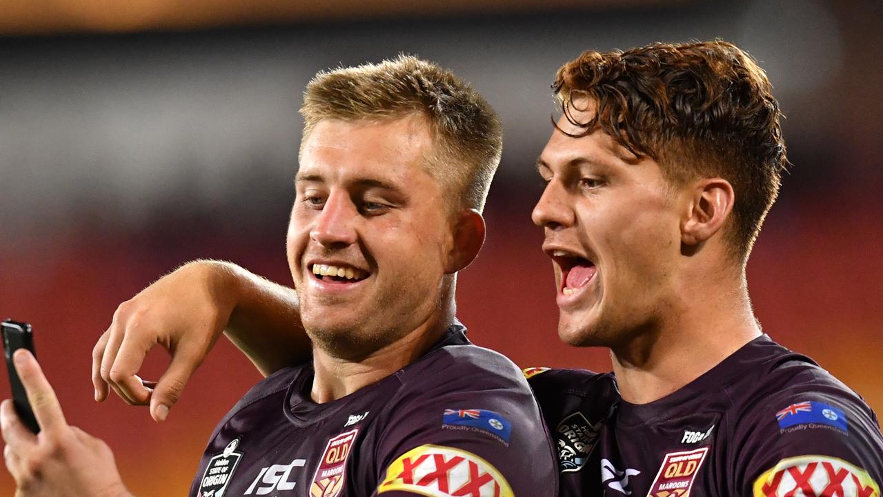 Cameron Munster and Kalyn Ponga take a selfie after winning game one