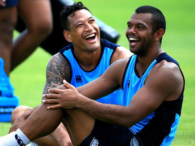 No laughing matter ... Israel Folau and Kurtley Beale may not be teammates for much longer. Picture: Adam Taylor