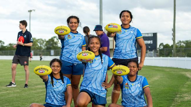 Emeline Toto, Salome Holika, Liliani Fine, Ofa Kiteau, Milika Taupeamuhu. All players except Ofa Kiteau were part of the Tongan football players who played for Glenorchy Football Club women's team in 2024 and will play for Tonga in the Pacific Cup. Picture: AFL Queensland